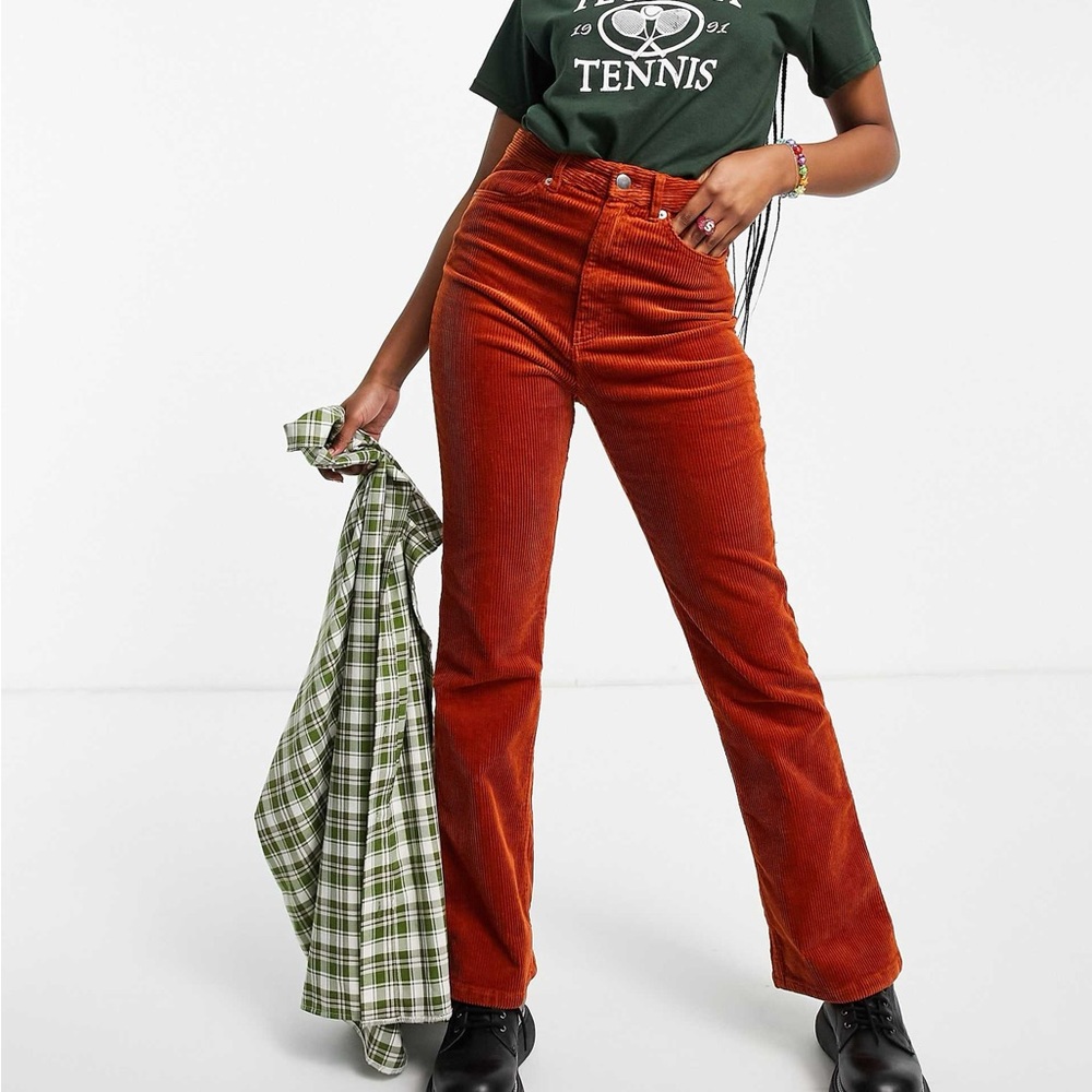 Monki Flare Corduroy Pants Women EUR 40 US 8 Rust Orange Retro 70s Style